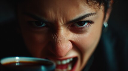 Intense expression of frustration while holding a cup of coffee in a cozy indoor setting during evening hours