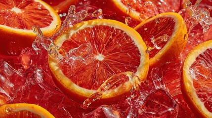 Freshly sliced oranges splashing in ice-cold red beverage in a summer setting