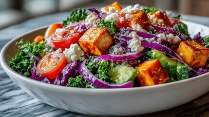 Fresh vegetable salad with kale, tomatoes, red onion, and grilled cheese cubes served in a white bowl on a marble table