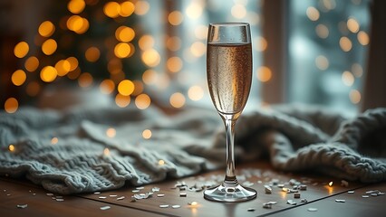 dcf. A champagne flute with golden bubbles on a wooden table beside a cozy blanket and festive confetti. bar promotions, beverage menus, designed for food & beverage menus and cafe branding.