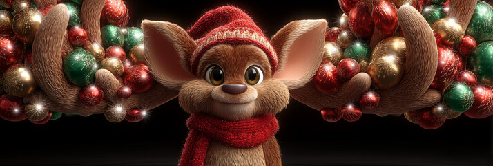 A Funny Reindeer with Oversized Antlers and Christmas Ornaments Wearing a Santa Hat and Red Scarf while Looking at Camera Against a Black Background for Holiday Celebration. Generative Ai.