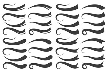 Swoosh baseball tail of text. Underline font elements for sport team logo. Swash vintage flourish lines. Calligraphic wavy shapes. Swirl ribbons for decoration. Vector
