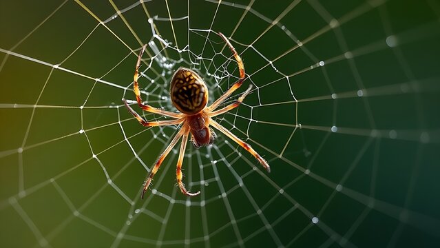 transmigration. A spider mending its intricate web with glistening threads in morning light. wildlife magazines, conservation campaigns, designed for eco-tourism storytelling.