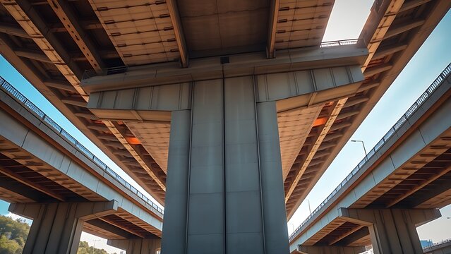 nationalizing. Massive bridge pillar supporting elevated roadway with architectural detail in daylight. real-estate listings.