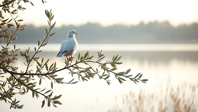 infamy. White dove perched on olive branch against calm lake at dawn. wildlife magazines, conservation campaigns, designed for wildlife conservation campaigns, used by retail merchandisers.