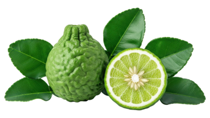 Fresh bergamot fruit with leaves isolated on transparent background