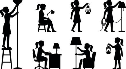Woman lighting lamp silhouette set, female home lighting activities, standing sitting ladder desk floor lamp, interior illumination concept illustration © Emon