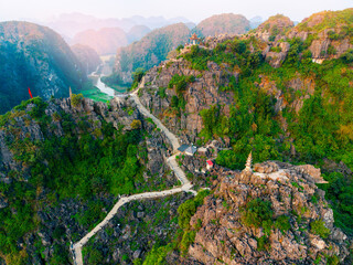 Scenic aerial view of mua cave stone staircase in Ninh Binh, Vietnam