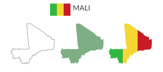 Mali geographical borders isolated on white background. Flag of Mali. Vector flat cliparts.