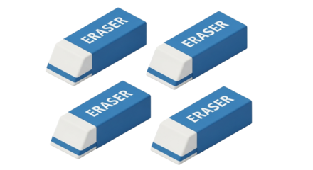 Professional-grade rubber erasers, essential stationery for educational and corporate drafting tasks on transparent background.