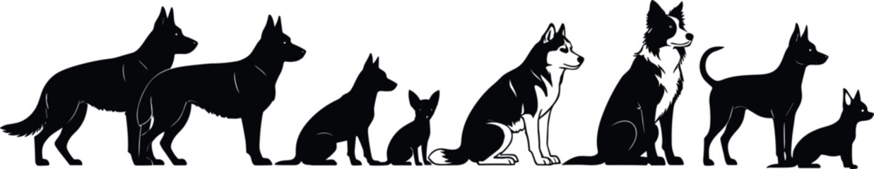 Dog silhouette vector illustration showing multiple breeds sitting and standing in side view isolated on white background for pet, animal, and graphic design