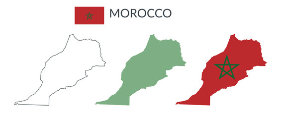 Morocco geographical borders isolated on white background. Flag of Morocco. Vector flat cliparts.
