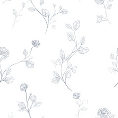 Subtle Blue Floral Toile Seamless Pattern 3, Delicate Botanical Vector Background. Minimal and elegant blue toile seamless pattern featuring delicate floral branches and soft botanical elements.