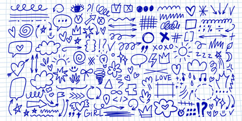 Set of scribble sketch of funny smile, hearts, Arrow, Cloud and other.Trendy hand-drawn doodles in a rough chalk style. 