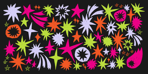 Hand draw  doodle star sparks, sparkles, night sky. 