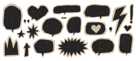 Hand drawn speech bubbles, black doodle stickers set. Abstract shapes, hearts, stars, arrows and decorative elements