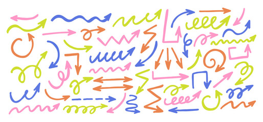 Set of hand drawn freehand different curved lines, swirls arrows. Hand draw  various arrows collection.
