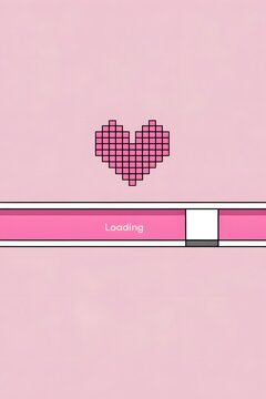 Minimalist pixel art "LOADING..." screen with a pink heart on the progress bar, retro 8-bit style. Perfect for games, web design, mobile apps, and digital projects.