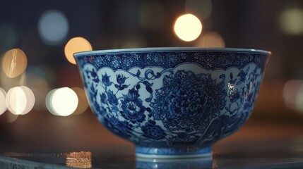 Blue and White Porcelain Bowl with Floral Pattern Displayed on Concrete Surface with Bokeh City Lights Background