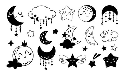 Celestial clipart set with boho moon and stars in black and white color. Good night baby doodle. Vector illustration.