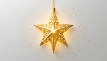 Obraz premium Golden star Christmas ornament shining brightly on white background with sparkles