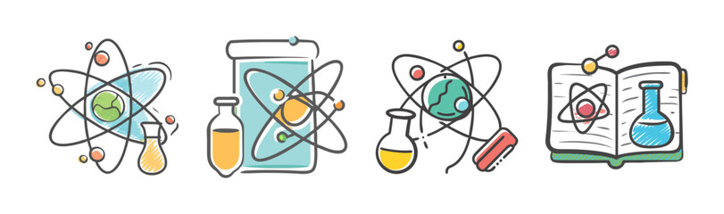 Scientific research and education concept with atom models, lab equipment, and textbooks