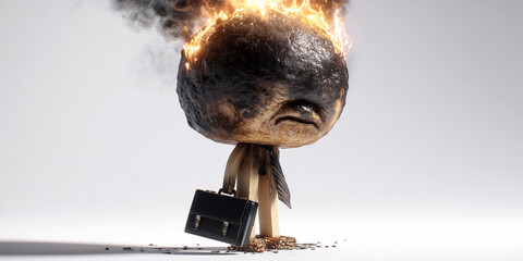 Hyper-realistic Surreal Full Figure of a Burnt Matchstick Businessman, Symbolizing Workplace Burnout, Emotional Exhaustion, Chronic Work-Related Stress, on White Background, Copy Space. Generative Ai.