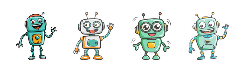A delightful collection of four cheerful cartoon robots, each with a unique design and friendly expression