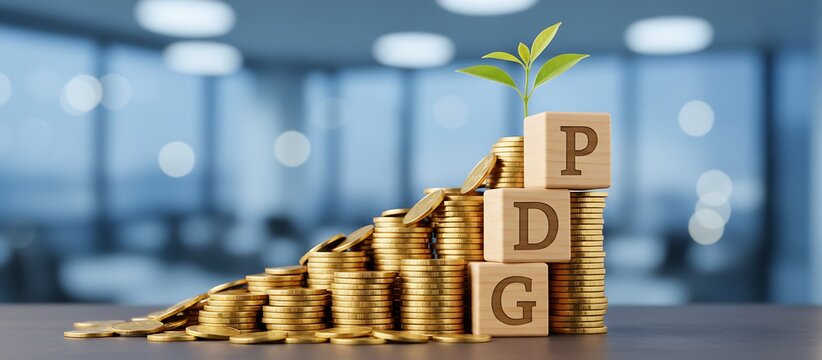 GDP Gross Domestic Product growth concept with wooden blocks and rising stacks of gold coins