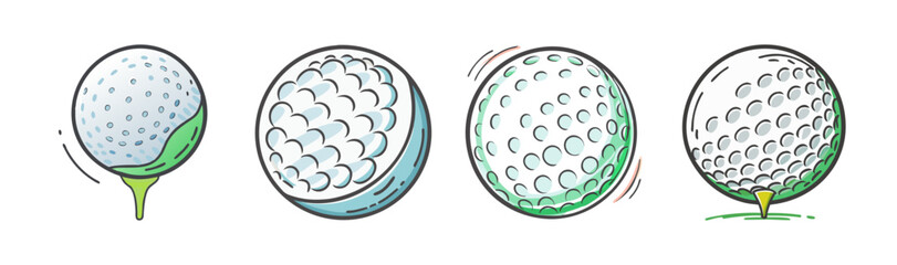 A collection of stylized illustrations showcasing different perspectives of golf ball design and use