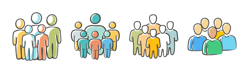 Colorful hand-drawn group icons illustrating diverse people, community, and team collaboration