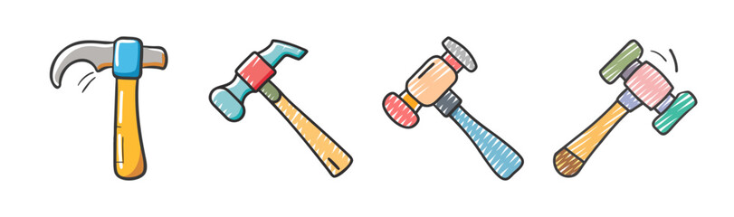 Collection of colorful cartoon hammers with various designs for construction and repair