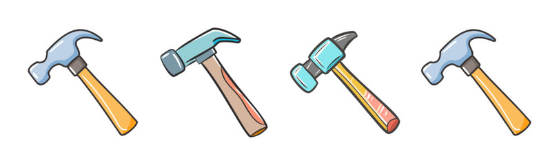 A collection of four cartoon-style claw hammers in various designs for construction work