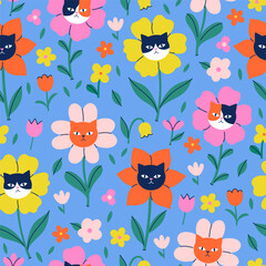 Seamless pattern with flowers and cat faces. Vector graphics.