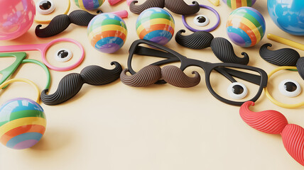 Colorful easter eggs and whimsical accessories on a light surface