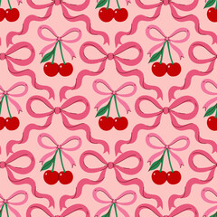 Seamless pattern with cherries and bows. Vector graphics.