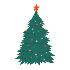 Decorated Christmas tree isolated on white background. Vector graphics.