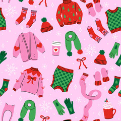 Seamless pattern with cute winter clothes and accessories. Vector graphics.