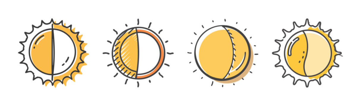 Illustrative set of sun icons depicting various states of day, light, and celestial phases