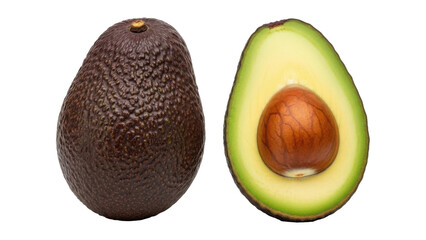 Ripe avocado cut open to reveal creamy interior and seed isolated on transparent background