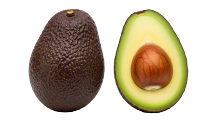Ripe avocado cut open to reveal creamy interior and seed isolated on transparent background