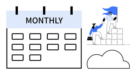 Time management, teamwork, leadership, goal setting, productivity, cloud technology. Monthly calendar layout alongside a leader helping a teammate climb blocks. Leadership and time management concept