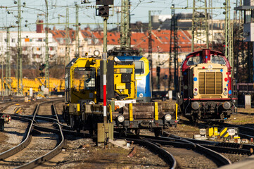 A railroad maintenance waggon enters a train station in  Munich, Germany