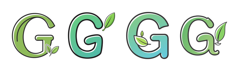 Four creative letter g designs in green and teal, adorned with natural leaves, symbolizing growth and eco-friendliness