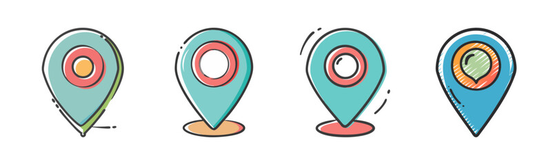Collection of hand-drawn location map pin icons with a charming doodle style