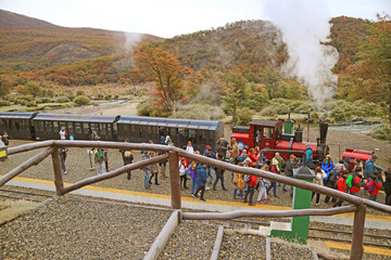Passengers of "The End of the World Train" Getting off at Macarena Waterfall Station During the Excursion in Tierra del Fuego Province, Argentina, South America
