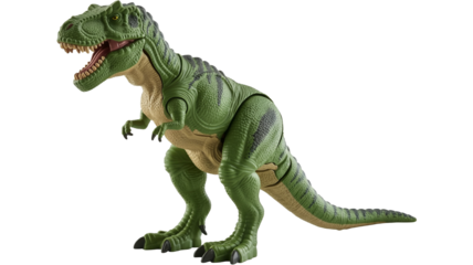 Dynamic Tyrannosaurus Rex action figure toy for captivating youth marketing campaigns on transparent background.