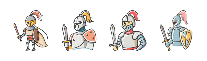 A collection of medieval cartoon knight characters in various poses with armor and weapons