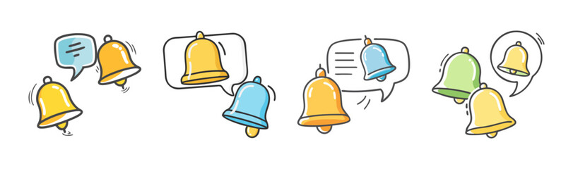 Hand-drawn doodle style bells with speech bubbles representing various notifications and alerts