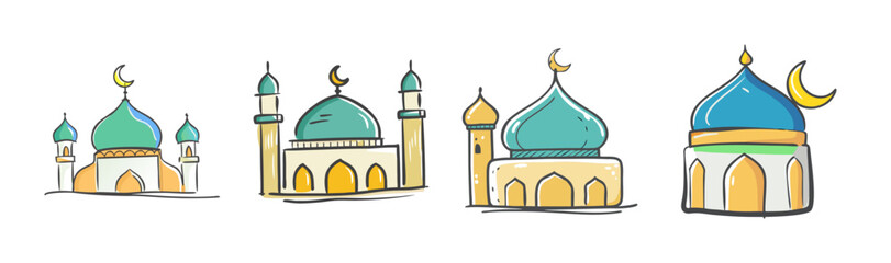 Cute cartoon mosque buildings with crescent moon symbols, ideal for islamic celebrations